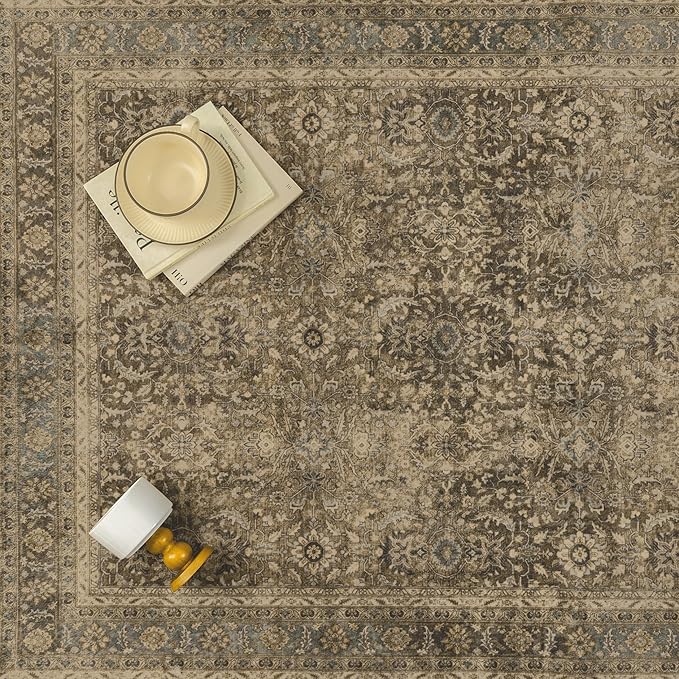 Brown 5x7 Area Rug Washable Vintage Carpet for Living Room Office Soft Retro Floral Low Pile Thin Indoor Rug Non Slip Traditional Distressed Floor Cover for Bedroom Dining Room