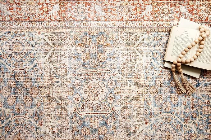 Loloi Layla Collection LAY-04 Ocean/Rust 3'-6" x 5'-6" .13" Thick Accent Rug, Soft, Durable, Vintage Inspired, Distressed, Low Pile, Non-Shedding, Easy Clean, Printed, Living Room Rug