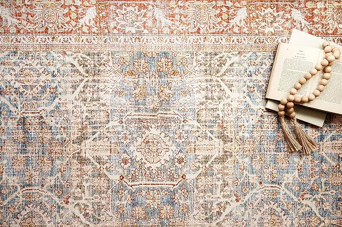 Loloi Layla Collection LAY-04 Ocean/Rust 7'-6" x 9'-6" .13" Thick Area Rug, Soft, Durable, Vintage Inspired, Distressed, Low Pile, Non-Shedding, Easy Clean, Printed, Living Room Rug