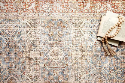 Loloi Layla Collection LAY-04 Ocean/Rust 7'-6" x 9'-6" .13" Thick Area Rug, Soft, Durable, Vintage Inspired, Distressed, Low Pile, Non-Shedding, Easy Clean, Printed, Living Room Rug