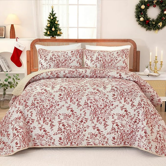 WONGS BEDDING Quilt Queen Size, Christmas Red Quilt Bedding Set with 2 Pillowcases, Botanical Quilts for Queen Bed, Soft Microfiber Lightweight Coverlet Bedspread for All Season (96"×90", 3 Pieces)