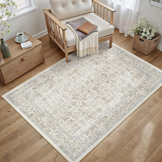 Taupe Area Rug 4x5 Office Entryway Rug Machine Washable Kitchen Vintage Distressed Non Slip Carpet Indoor Retro Floral Accent Throw Door Mat for Bathroom Bedroom Dining Living Room