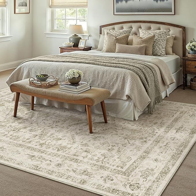 Taupe 6x9 Area Rug Vintage Washable Living Room Carpet Non Slip Bedroom Indoor Office Low Pile Large Traditional Distressed Retro Accent Rug for Dining Room Bathroom Kitchen