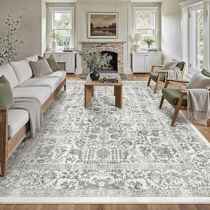 Black Area Rug 10x12 Machine Washable Large Vintage Living Room Distressed Non Slip Carpet Traditional Indoor Bedroom Grey Retro Floral Accent Throw Rug for Office Kitchen Dining Room