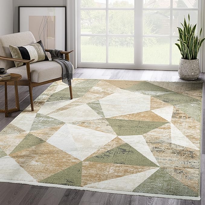 Abani Savoy Collection Area Rug - Green and Cream Geometric Design - 4'x6' - Easy to Clean - Durable for Kids and Pets - Non-Shedding - Medium Pile - Soft Feel - for Living Room, Bedroom, and Office
