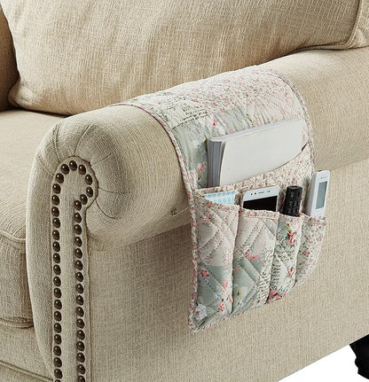 Brilliant Sunshine Rose and Sage Patchwork Sofa Armrest 5 Pockets Organizer, Slip Resistant Armchair Caddy, Washable Remote Controls Holder, Storage for Magazine, Tablet, Phone, iPad,35×13",Rose Sage