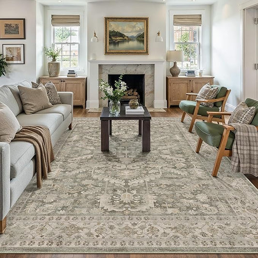 Brown 8x10 Area Rug Vintage Washable Living Room Carpet Non Slip Bedroom Indoor Office Low Pile Large Traditional Distressed Retro Accent Rug for Dining Room Bathroom Kitchen