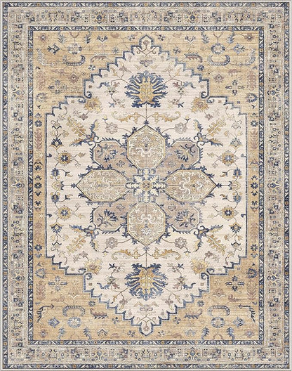 GENIMO 8X10 Area Rugs for Living Room, Machine Washable Vintage Floor Cover Foldable Modern Non Slip Rug， Low Pile Soft Indoor Carpet Floral Print Mat Rug,Bedroom/Dining Room/Home Office,Beige