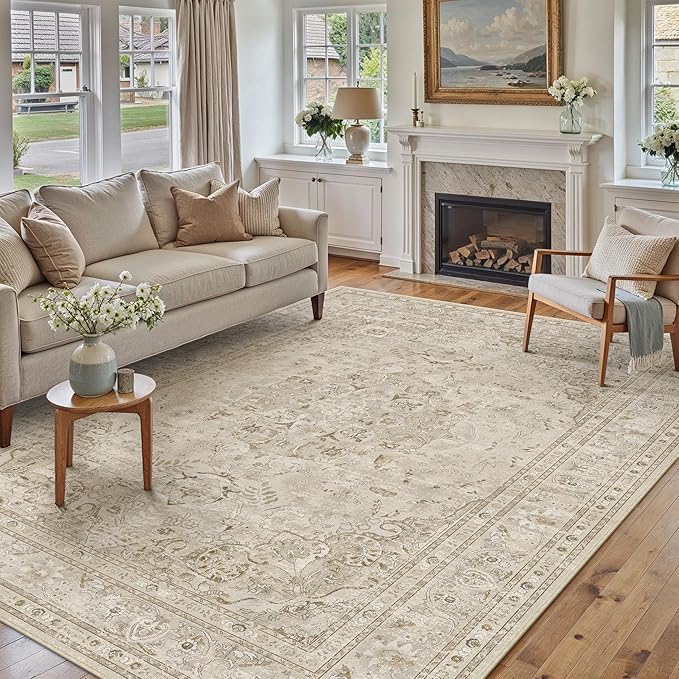 Brown 8x10 Area Rug Washable Vintage Carpet for Living Room Bedroom Large Soft Retro Floral Low Pile Thin Indoor Rug Non Slip Central Medallion Floor Cover for Dining Room Office