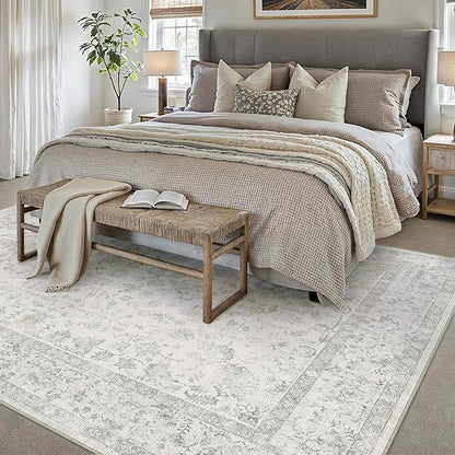 5x7 Grey Area Rug Non Slip Vintage Living Room Distressed Machine Washable Carpet Traditional Indoor Bedroom Grey Retro Floral Accent Throw Rug for Office Kitchen Dorm Dining Room