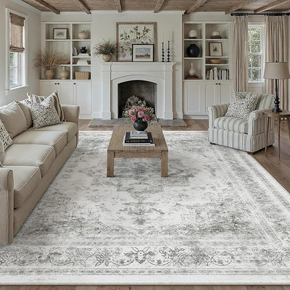 Washable Rug 9x12 Area Rug for Living Room Gray Vintage Boho Medallion Large Grey Distressed Retro Carpet Non Slip Indoor Low Pile Small Soft Bedroom Dining Room Home Office