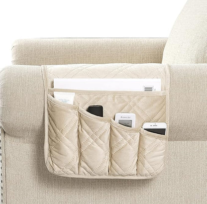 Brilliant Sunshine Beige Velvet Couch Armrest 5 Pockets Organizer, Slip Resistant Recliner Armchair Caddy, Washable Remote Controls Holder, Storage for Magazine, Tablet, Phone, 35×13", Beige Natural