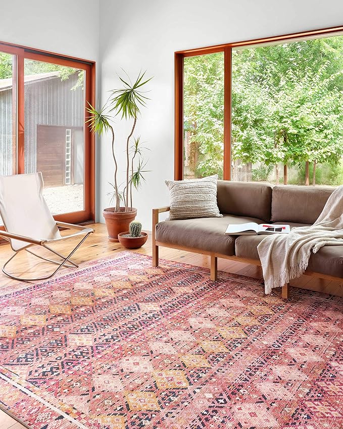 Loloi Layla Collection LAY-15 Magenta/Multi 3'-6" x 5'-6" .13" Thick Accent Rug, Soft, Durable, Vintage Inspired, Distressed, Low Pile, Non-Shedding, Easy Clean, Printed, Living Room Rug