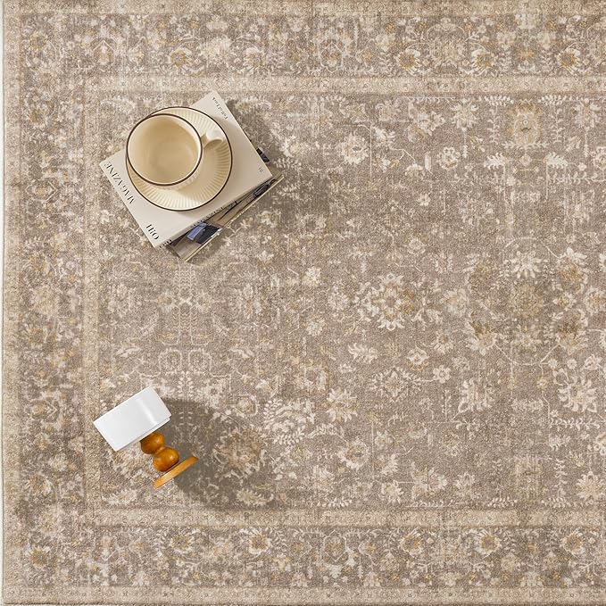 5x7 Deep Brown Area Rug Non Slip Vintage Living Room Distressed Machine Washable Carpet Traditional Indoor Bedroom Deep Brown Retro Floral Accent Throw Rug for Office Kitchen Dorm Dining Room