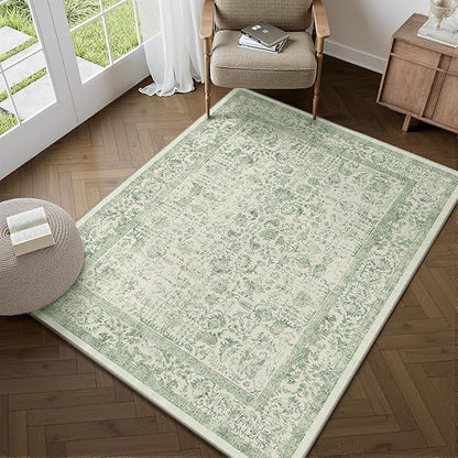 Sage Green Area Rug 3x5 Washable Office Entryway Carpet Vintage Distressed Non Slip Kitchen Indoor Entry Neutral Low Pile Retro Floral Farmhouse Throw Mat for Laundry Dining Room Bedroom