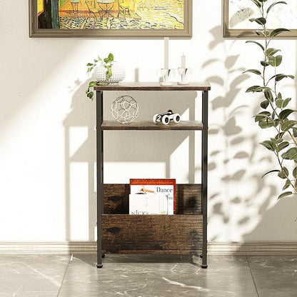 THUMEYE 7.1" Narrow Side Table for Small Spaces, 3 Tier Small End Table with Magazine Holder, Slim/Skinny Nightstand/Bedside Table for Living Room, Bedroom, 15.4" L x 24.2" H