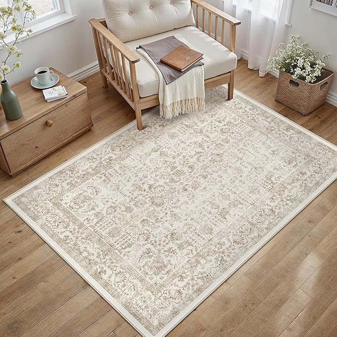 Light Brown Area Rug 3x4 Office Entryway Rug Machine Washable Kitchen Vintage Distressed Non Slip Carpet Indoor Retro Floral Accent Throw Door Mat for Bathroom Bedroom Dining Living Room