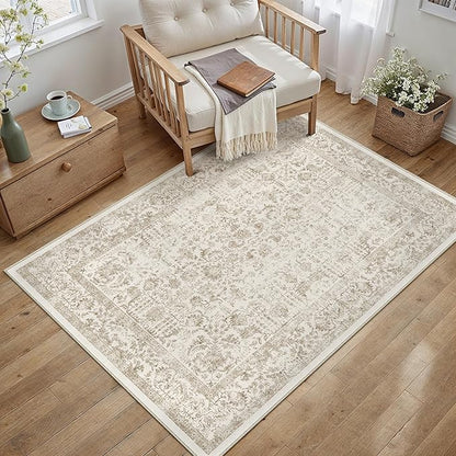 Light Brown Area Rug 4x5 Office Entryway Rug Machine Washable Kitchen Vintage Distressed Non Slip Carpet Indoor Retro Floral Accent Throw Door Mat for Bathroom Bedroom Dining Living Room