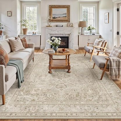 Brown 8x10 Area Rug Washable Vintage Carpet for Living Room Bedroom Large Soft Retro Floral Low Pile Thin Indoor Rug Non Slip Central Medallion Floor Cover for Dining Room Office