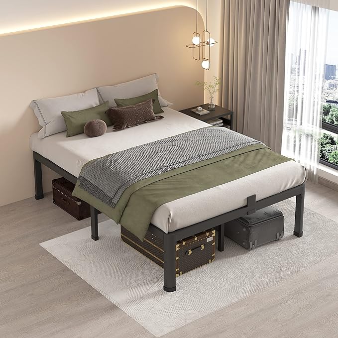 MAF 16 Inch Full Size Bed Frame with Round Corner Legs Mattress Slide Stopper No Box Spring Needed Heavy Duty Metal Platform Bed Frames Under-Bed Storage Space, 3000 LBS Steel Slats Support