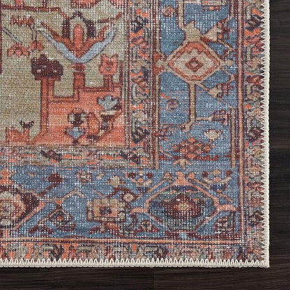 Bloom Rugs Washable Non-Slip 2' x 3' Rug - Terracotta/Blue Traditional Oriental Area Rug for Living Room, Bedroom, Dining Room, and Kitchen - Exact Size: 2' x 3'