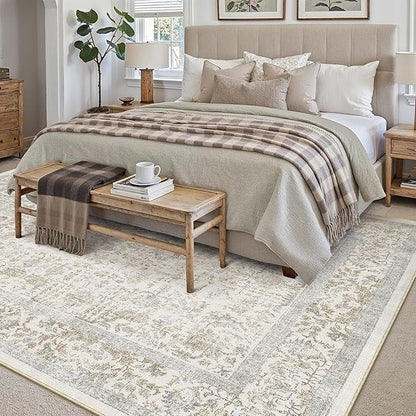 Taupe Area Rug 8x10 Machine Washable Large Vintage Living Room Distressed Non Slip Carpet Traditional Indoor Bedroom Retro Floral Accent Throw Rug for Office Kitchen Dining Room