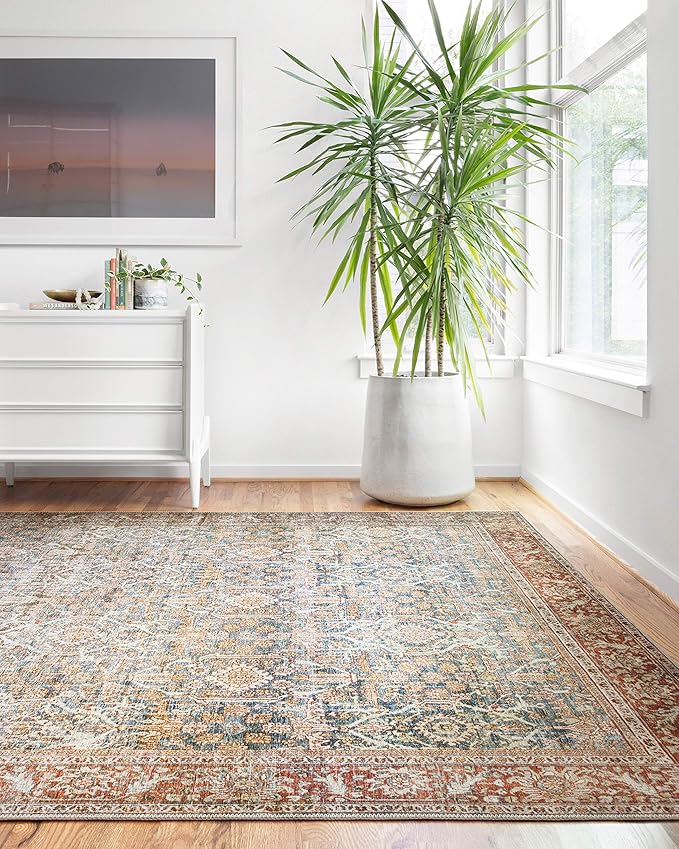 Loloi Layla Collection LAY-04 Ocean/Rust 2'-0" x 5'-0" .13" Thick Accent Rug, Soft, Durable, Vintage Inspired, Distressed, Low Pile, Non-Shedding, Easy Clean, Printed, Living Room Rug