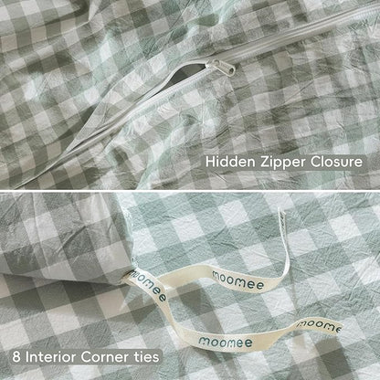 MooMee Gingham Duvet Cover Set 100% Washed Cotton Linen Like Textured Breathable Durable Soft Comfy Modern Checkered Design (Sage Green Gingham, Oversized Queen 98"x98")