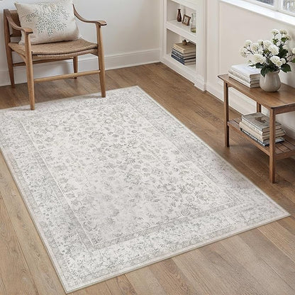 4x6 Grey Area Rug Non Slip Vintage Office Entryway Rug Distressed Machine Washable Kitchen Carpet Traditional Retro Floral Accent Throw Door Mat for Bedroom Bathroom Dining Living Room