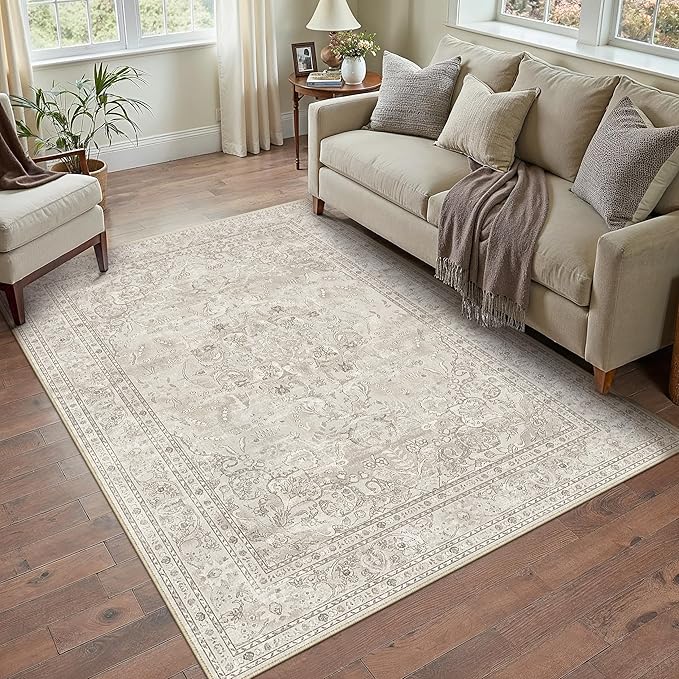 Beige 3x5 Area Rug Washable Vintage Carpet for Entryway Office Soft Retro Floral Kitchen Low Pile Thin Door Mat Non Slip Central Medallion Throw Rug for Bathroom Bedroom Dining Living Room