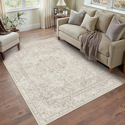 Beige 3x5 Area Rug Washable Vintage Carpet for Entryway Office Soft Retro Floral Kitchen Low Pile Thin Door Mat Non Slip Central Medallion Throw Rug for Bathroom Bedroom Dining Living Room