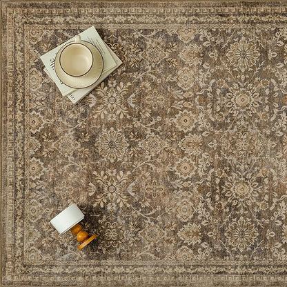 2x6 Runner Rug Brown Vintage Hallway Carpet Indoor Kitchen Washable Living Room Low Pile Traditional Distressed Retro Floral Accent Throw Rug Non Slip Laundry Bathroom Office Dining Room