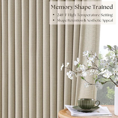 Pinch Pleat Beige 120 Inch Blackout Curtains for Living Room 2 Panels Set 100% Black Out Flax Burlap Beige Oatmeal Pleated Drapes Room Darkening Extra Long Luxury High Ceiling Windows Curtain 10FT