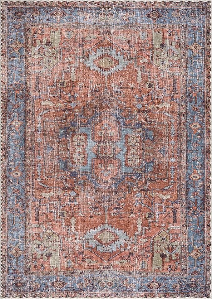 Bloom Rugs Washable 3' x 5' Rug - Terracotta/Blue Traditional Area Rug for Living Room, Bedroom, Dining Room, and Kitchen - Exact Size: 3' x 5'
