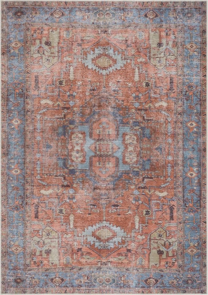 Bloom Rugs Washable 3' x 5' Rug - Terracotta/Blue Traditional Area Rug for Living Room, Bedroom, Dining Room, and Kitchen - Exact Size: 3' x 5'