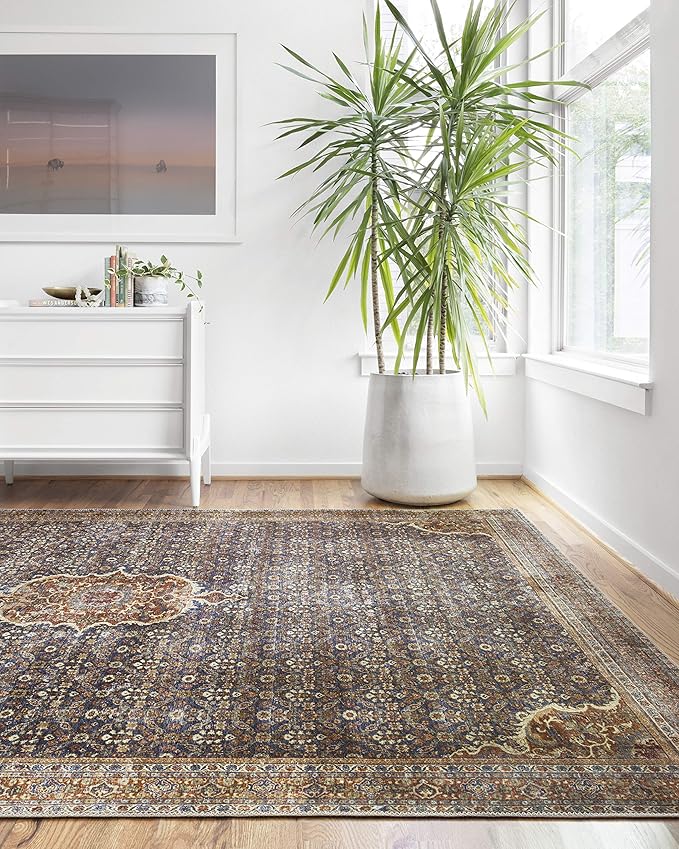 Loloi Layla Collection LAY-09 Cobalt Blue/Spice 5'-0" x 7'-6" .13" Thick Area Rug, Soft, Durable, Vintage Inspired, Distressed, Low Pile, Non-Shedding, Easy Clean, Printed, Living Room Rug