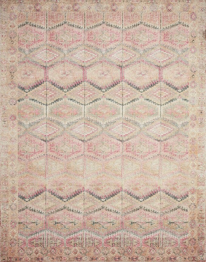 Loloi Layla Collection LAY-17 Pink/Lagoon 2'-6" x 9'-6" .13" Thick Runner Rug, Soft, Durable, Vintage Inspired, Distressed, Low Pile, Non-Shedding, Easy Clean, Printed, Living Room Rug
