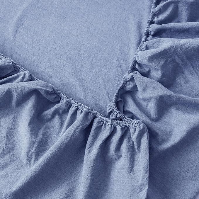 MooMee Fitted Bottom Sheet Only 100% Washed Cotton Linen Like Textured Breathable Durable Soft Comfy Deep Pocket Fits Mattress up to 17" (Blue, King)