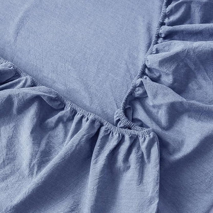 MooMee Fitted Bottom Sheet Only 100% Washed Cotton Linen Like Textured Breathable Durable Soft Comfy Deep Pocket Fits Mattress up to 17" (Blue, King)