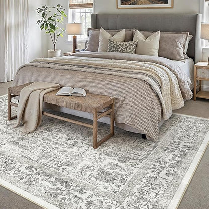 Black Area Rug 8x10 Machine Washable Large Vintage Living Room Distressed Non Slip Carpet Traditional Indoor Bedroom Retro Floral Accent Throw Rug for Office Kitchen Dining Room