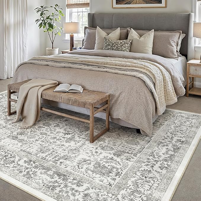 Black Area Rug 5x7 Machine Washable Vintage Living Room Distressed Non Slip Carpet Traditional Indoor Bedroom Retro Floral Accent Throw Large Rug Office Kitchen Bathroom Dining Room