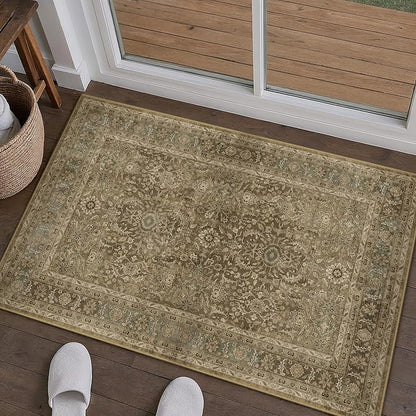 Brown 2x3 Area Rug Washable Vintage Small Carpet for Entryway Kitchen Soft Retro Floral Low Pile Thin Door Mat Non Slip Traditional Distressed Rug for Bathroom Office Bedroom Dining Room