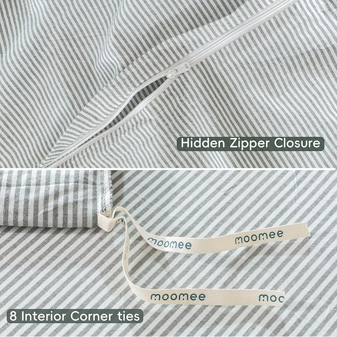 MooMee Striped Duvet Cover Set 100% Washed Cotton Linen Like Textured Breathable Durable Soft Comfy (Heathered Green Pinstripes, Palatial King/Oversized King 120"x98")
