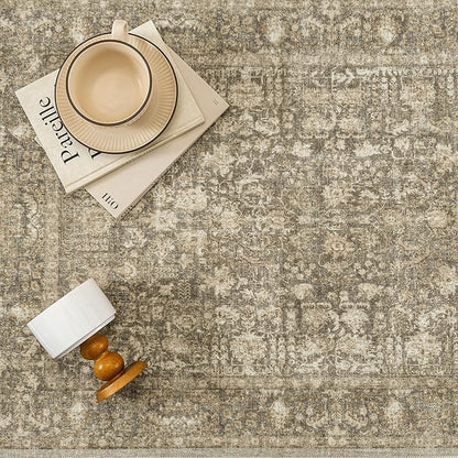Brown Area Rug 8x10 Machine Washable Large Vintage Living Room Distressed Non Slip Carpet Traditional Indoor Bedroom Retro Floral Accent Throw Rug for Office Kitchen Dining Room