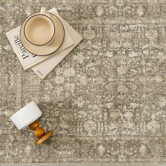 Brown Area Rug 5x7 Machine Washable Vintage Living Room Distressed Non Slip Carpet Traditional Indoor Bedroom Retro Floral Accent Throw Large Rug Office Kitchen Bathroom Dining Room