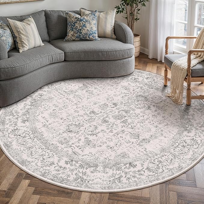 Grey Round Area Rug 5ft Entryway Door Mat Small Circle 5x5 Kitchen Vintage Carpet Non Slip Indoor Bedroom Washable Distressed Floral Retro Accent Throw Rug Office Bathroom