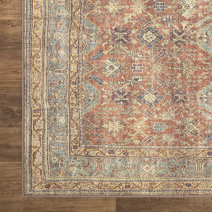Bloom Rugs Washable Non-Slip 2' x 3' Rug - Terracotta/Mustard Traditional Oriental Area Rug for Living Room, Bedroom, Dining Room, and Kitchen - Exact Size: 2' x 3'