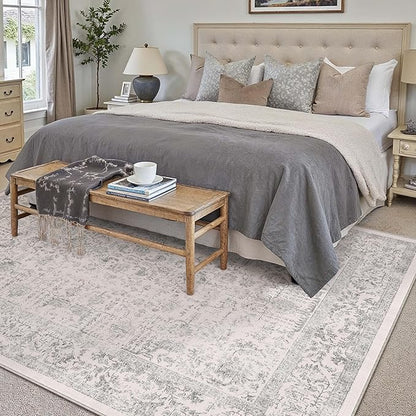 Gray Area Rug 10x12 Machine Washable Large Vintage Living Room Distressed Non Slip Carpet Traditional Indoor Bedroom Grey Retro Floral Accent Throw Rug for Office Kitchen Dining Room