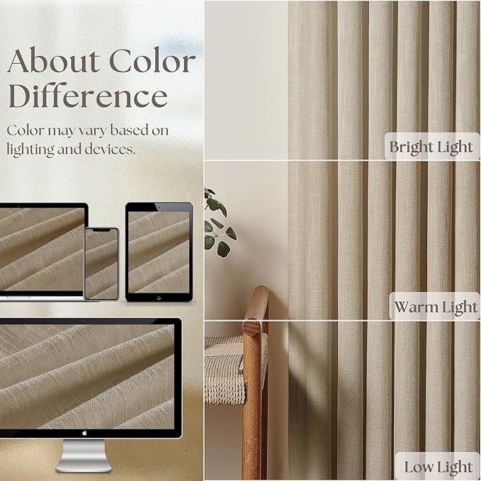 Extra Long Pinch Pleated Linen 108 Inch Curtains 2 Panels Set for Living Room Bedroom Farmhouse Tan Brown Cotton Flax Back Tab Memory Shape Pinch Pleat Ceiling Floor Window Curtains 9 FT Grey Beige