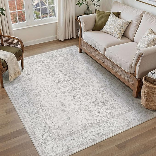 4x6 Grey Area Rug Non Slip Vintage Office Entryway Rug Distressed Machine Washable Kitchen Carpet Traditional Retro Floral Accent Throw Door Mat for Bedroom Bathroom Dining Living Room